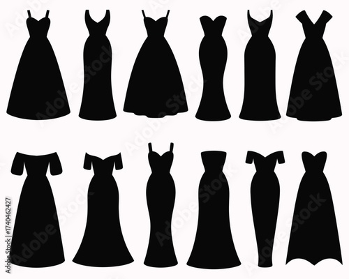 Elegant Silhouettes: A collection of diverse evening gowns, each exuding sophistication and style, create a captivating display of fashion design.
