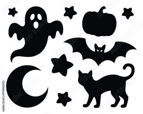 Halloween Silhouette Collection: A haunting collection of iconic Halloween silhouettes including a playful ghost, grinning pumpkin, soaring bat, crescent moon, star.