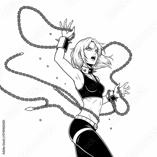 Angry Woman in Spiked Collar Breaking Free from Chains