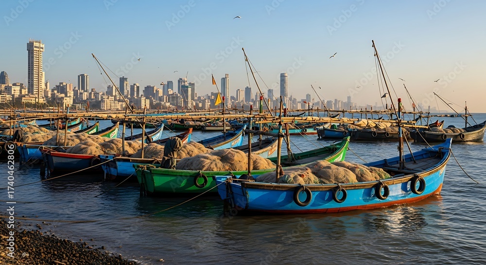 Fototapeta premium Fishing Boats Moored in Mumbai Harbor with City Skyline.