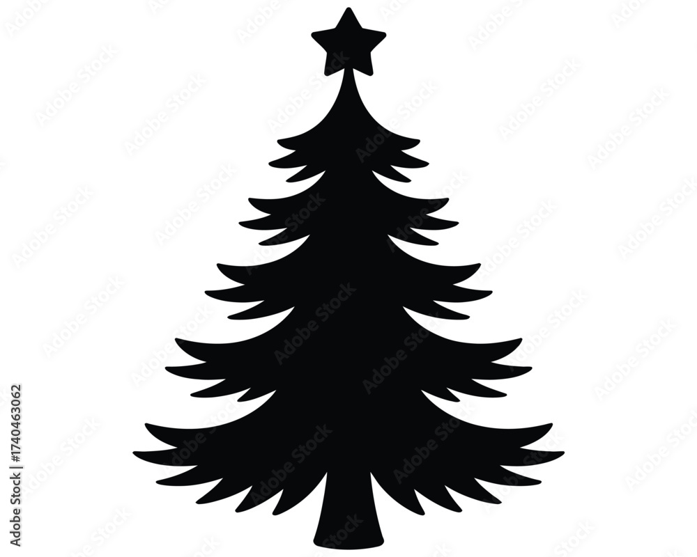Obraz premium Festive Evergreen Silhouette: A classic silhouette of a Christmas tree, adorned with a star, stands as a symbol of the holiday spirit, conveying simplicity, elegance, and the essence of celebration.