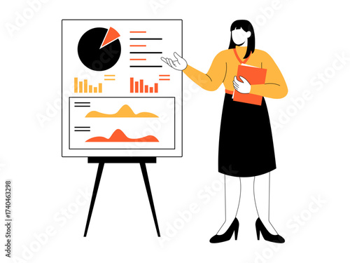 Businesswoman standing while presenting her work and displaying some charts and analysis. Businesswoman illustration. Flat vector illustration.