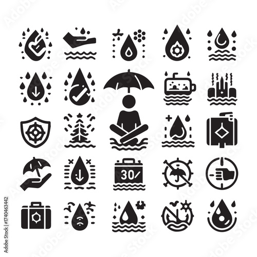 Assortment of black icons depicting water protection, safety, and travel symbols water drop shield