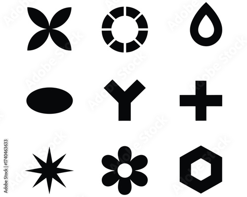 Diverse Black Geometric Shapes: A collection of clean, black geometric shapes in various forms. It's a display of symmetry and abstract design.