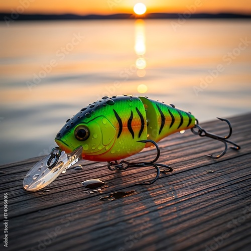 Fishing Lure on Dock at Sunset - A Colorful and Detailed Close-Up.