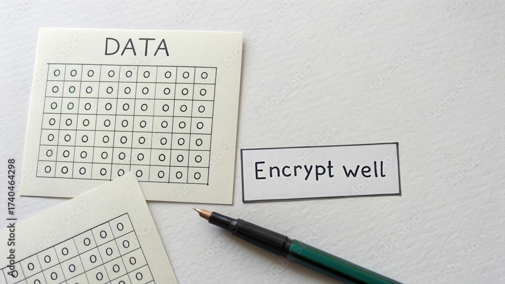 Obraz premium Data Management and Encryption Concept with Graphical Representation and Writing Tools for Secure Information Handling