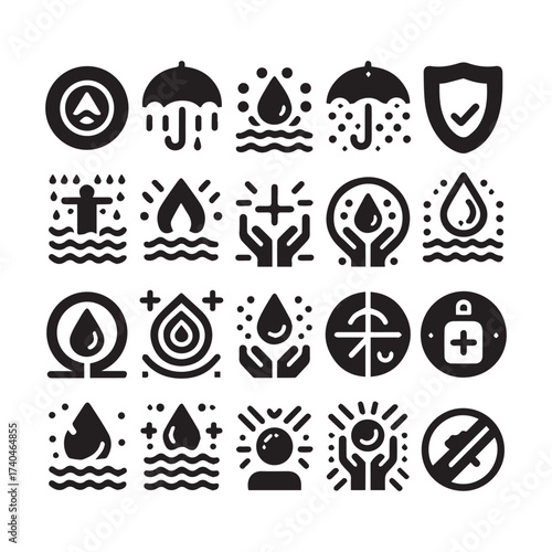 Collection of black and white icons for health, protection, and water-related concepts Keywords: water drop, protection, shield, checkmark, hand, hands, holding, water, rain, umbrella, sun, rays