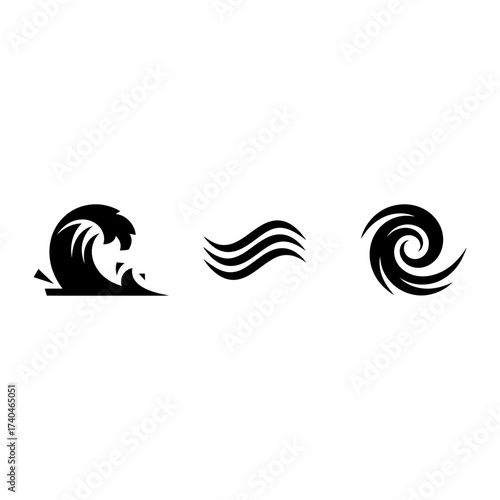 Wallpaper Mural Three black water icons showing a wave, a set of wavy lines, and a swirling vortex on a white background Torontodigital.ca
