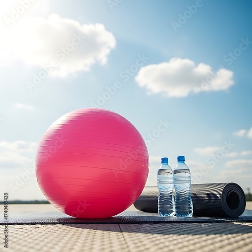 Fitness Essentials - Exercise Ball, Water Bottles, and Yoga Mat Outdoors.