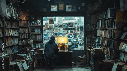 Person working in a library with many books and a computer.