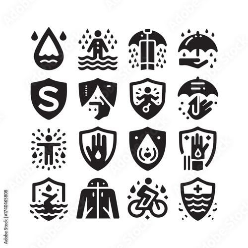 Collection of black waterproof and water resistant icons on white background with water drop and shield symbols Keywords: waterproof, water resistant, icon, symbol, protection, shield, drop, water