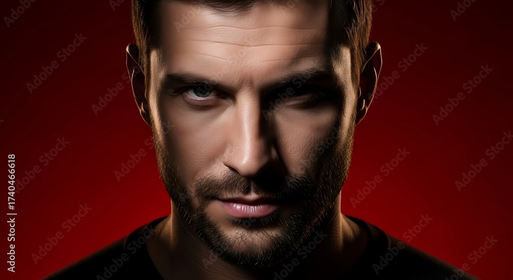 Obraz premium Intense Gaze of a Man with Strong Shadows on a Red Background.