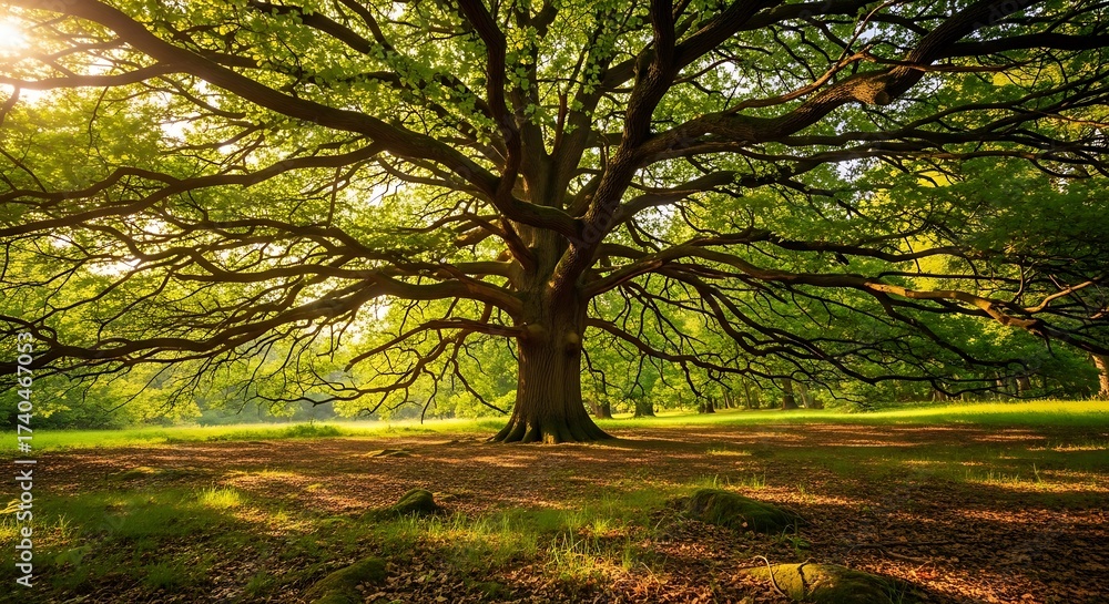 Fototapeta premium Majestic ancient oak tree with sprawling branches in a sunlit forest clearing.