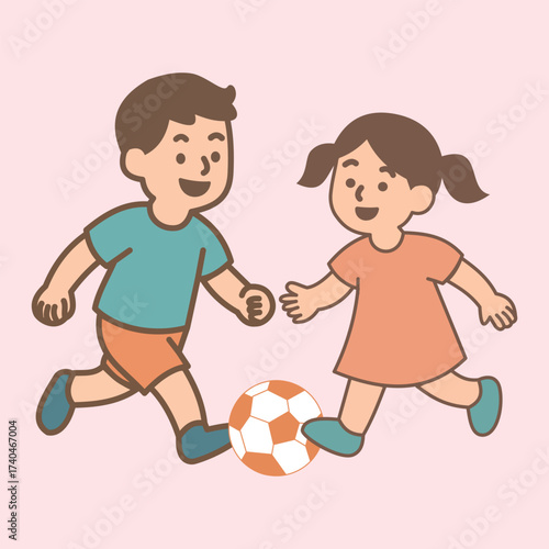 Minimalist illustration of a boy and girl playing soccer together, showing joy, teamwork, and fun activity in a simple pastel flat design style.