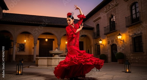 Flamenco Dancer in Red Dress Performing in Courtyard at Sunset.