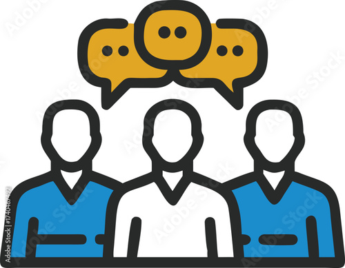 Three figures are represented in an illustrated discussion. With speech bubbles above them, a conversation is visualized