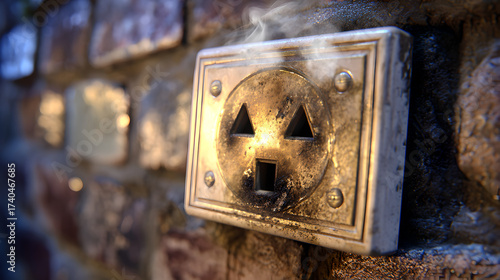 A dangerously burnt and melted electrical wall socket shows clear signs of overheating.