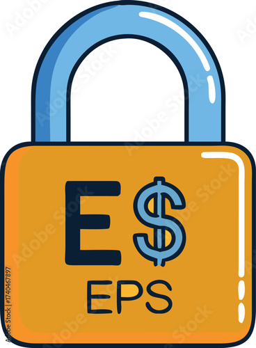 A close-up illustration of a padlock. The padlock is yellow with the letters E$ and EPS on its face, with the clasp being blue
