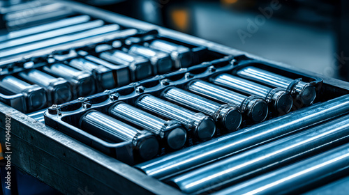 Cylindrical metal battery cells packed tightly in a plastic or metal tray on a roller conveyor.
