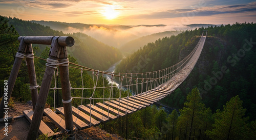 A long suspension bridge stretches across a lush green valley, with the sun rising in the distance, casting a warm glow over the landscape