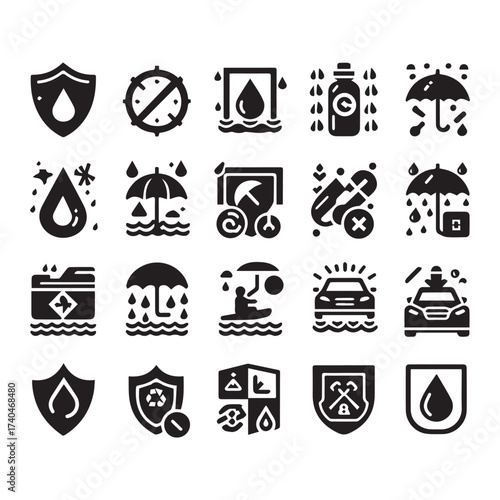 Extensive collection of black waterproof and water resistant icons on white background with shields and water elements Keywords: waterproof, water resistant, icon, symbol, protection, shield, drop
