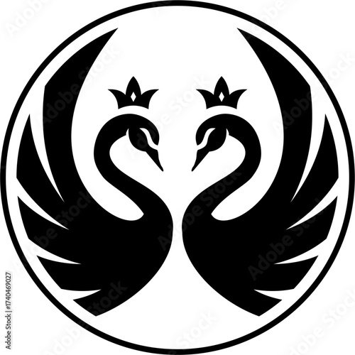 Elegant swan logo icon with royal crown. Luxury cosmetic brand template. Vector illustration.