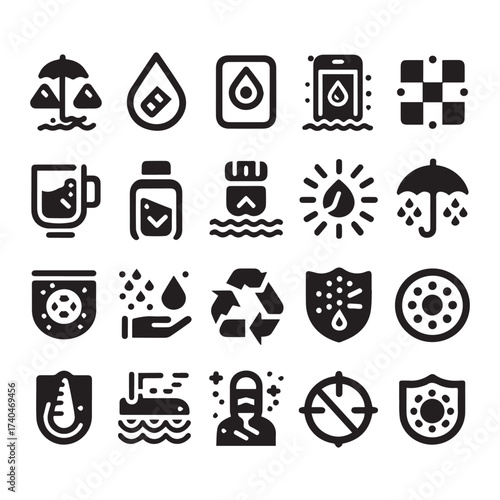 Set of 20 black glyph icons illustrating weather resistance, protection, and environmental symbols on a white background