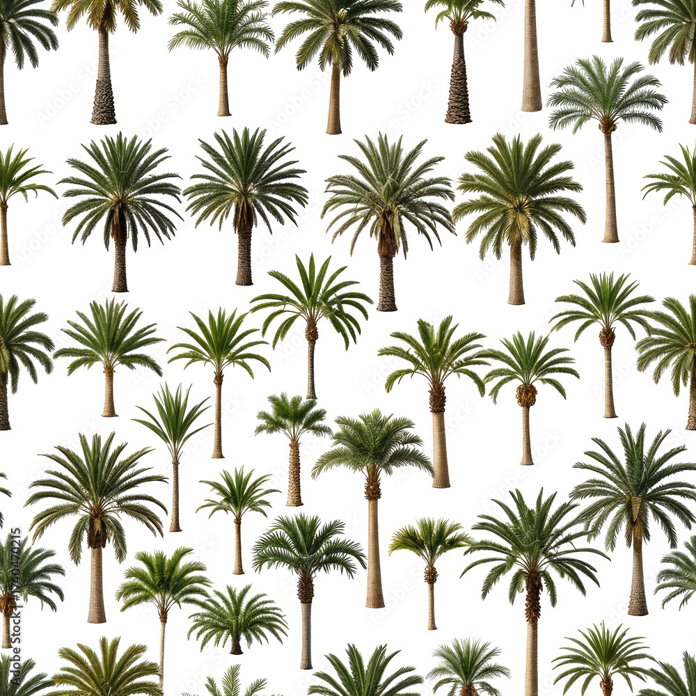 Fototapeta premium Palm trees with green leaves, repeated pattern, black background
