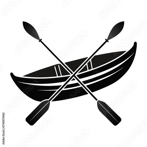 Silhouette of a canoe with two crossed paddles in black color