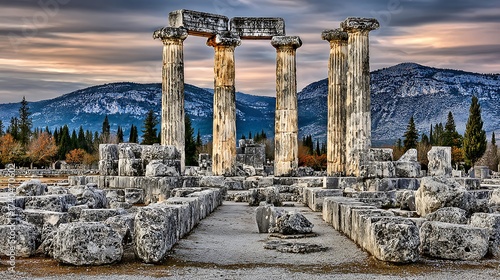 Ancient greek temple ruins with corinthian columns and stone structures under a dramatic cloudy sky with mountains in the background