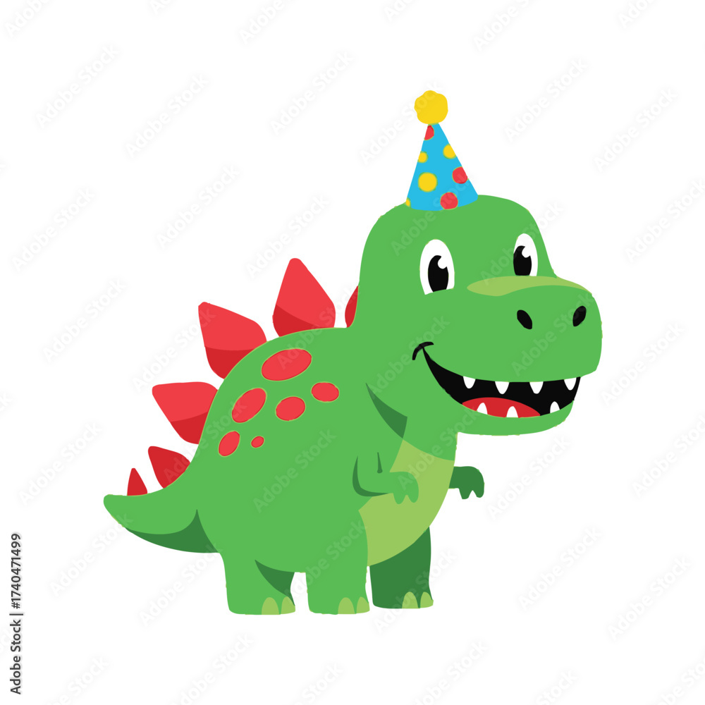 Fototapeta premium A cute green cartoon stegosaurus wearing a blue and yellow party hat, with red plates on its back and red spots, smiling.