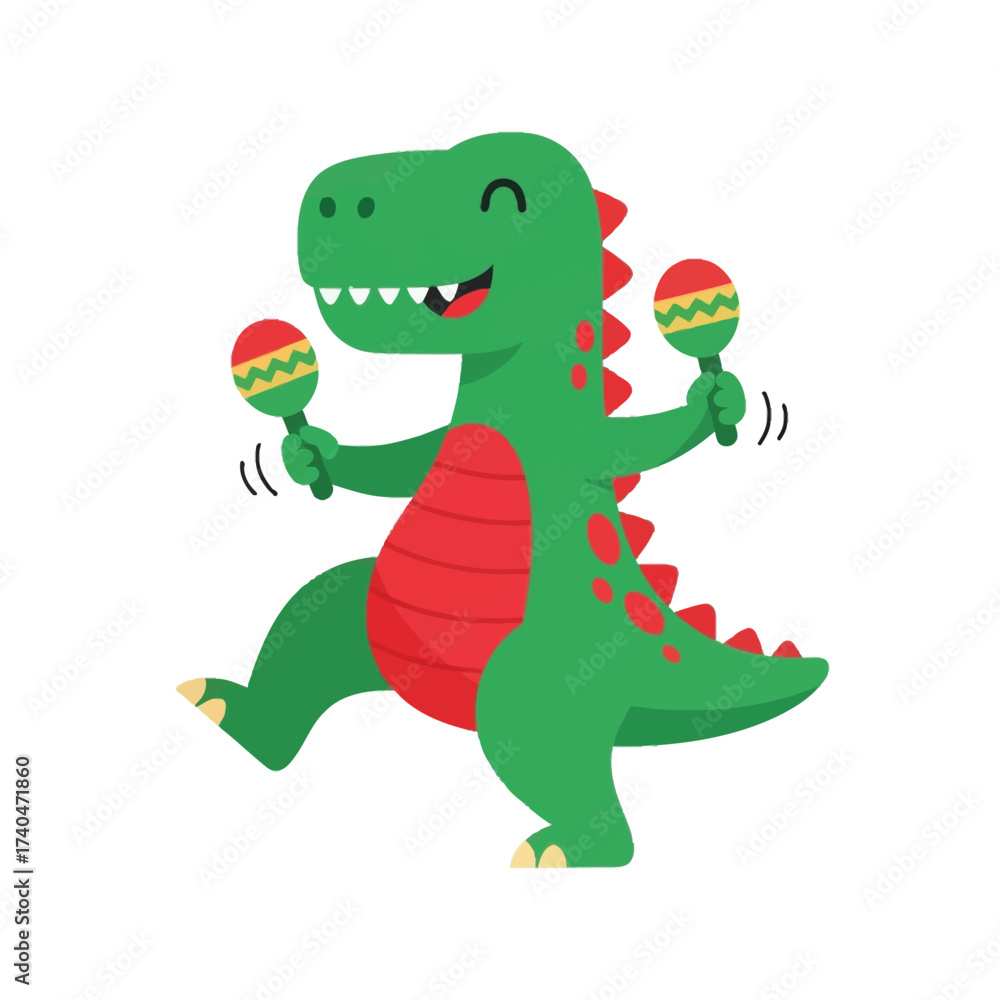 Obraz premium Joyful cartoon T-Rex dinosaur dancing and playing maracas with vibrant colors and a whimsical, playful, flat design style, perfect for children's parties and music themes.