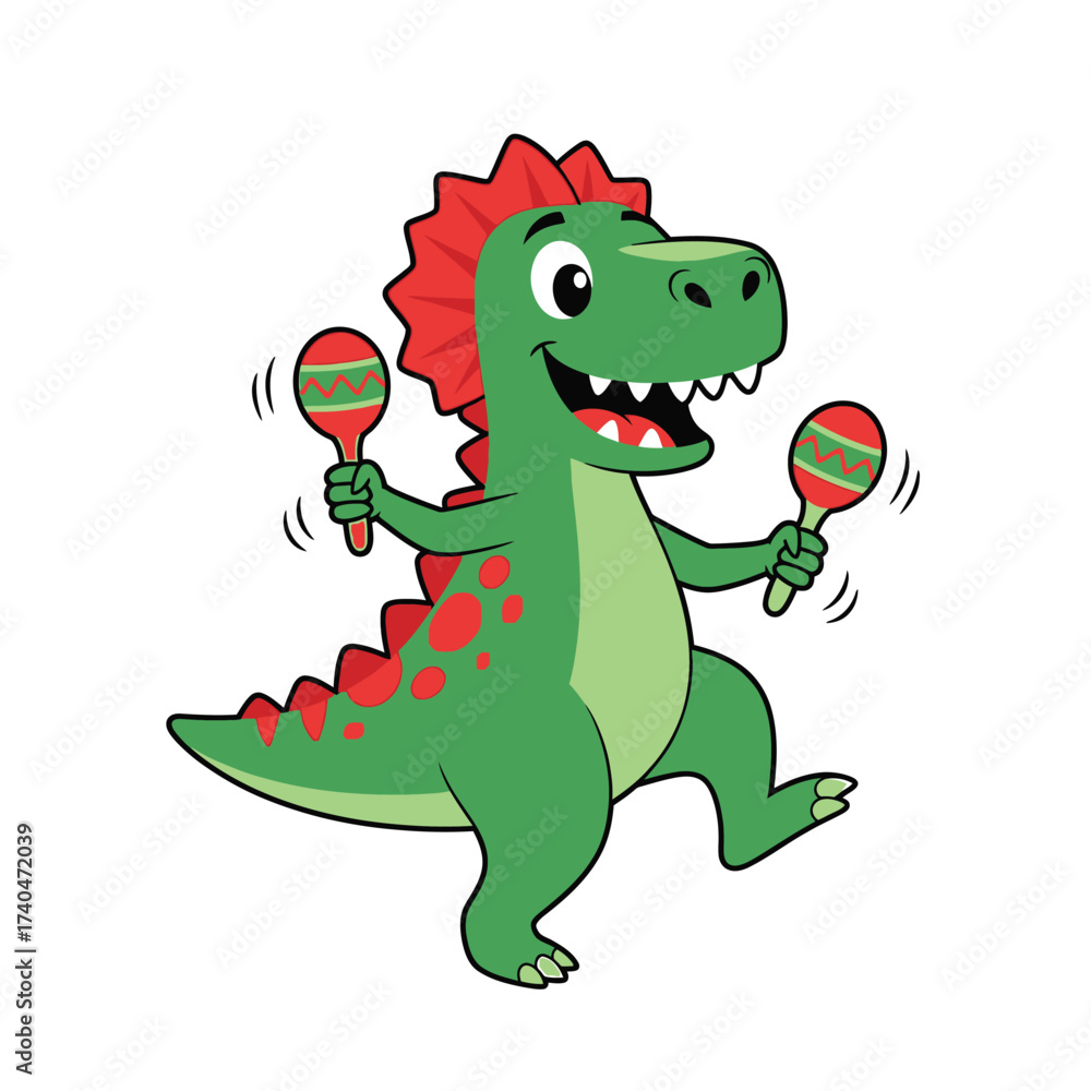 Fototapeta premium A happy green cartoon dinosaur playing maracas with a red frill and red spots.