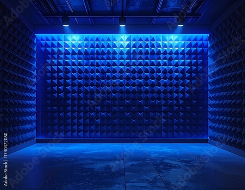 Blue-lit empty room with soundproof foam walls