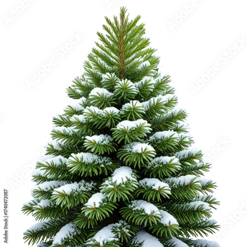 Lush, snowy evergreen with dense, green needles and white snow dusting the branches