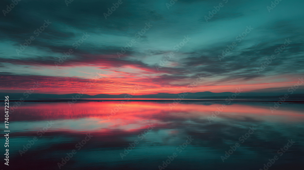 Obraz premium Serene Glowing Sunset Over Turquoise Waters with Pink Clouds Floating Above Calm River Landscape