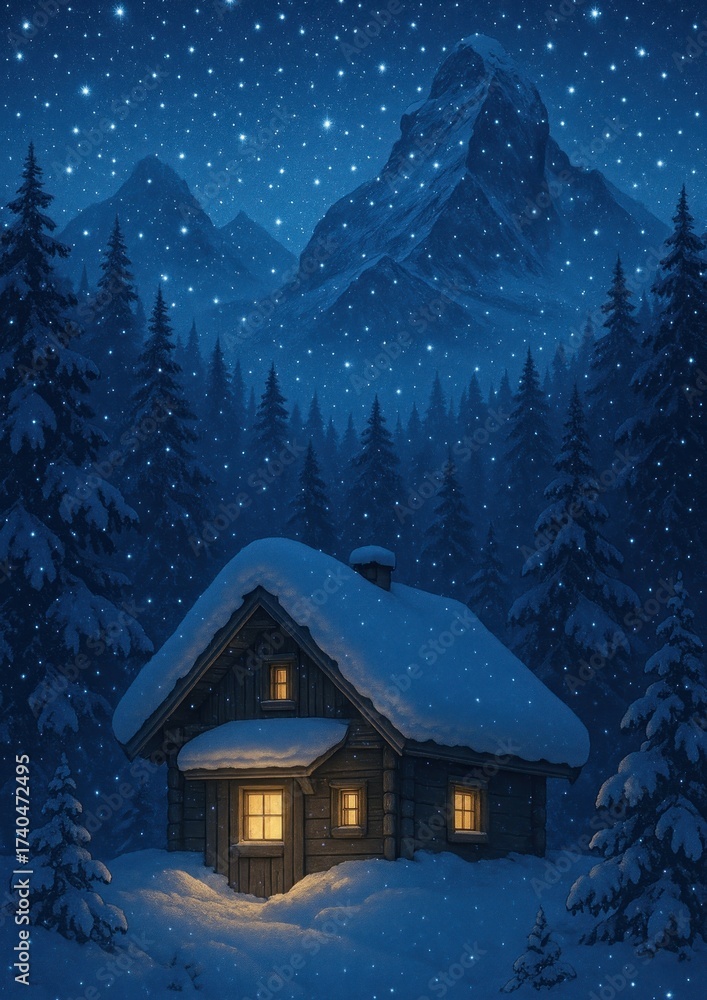 Naklejka premium Cozy cabin under starry sky.