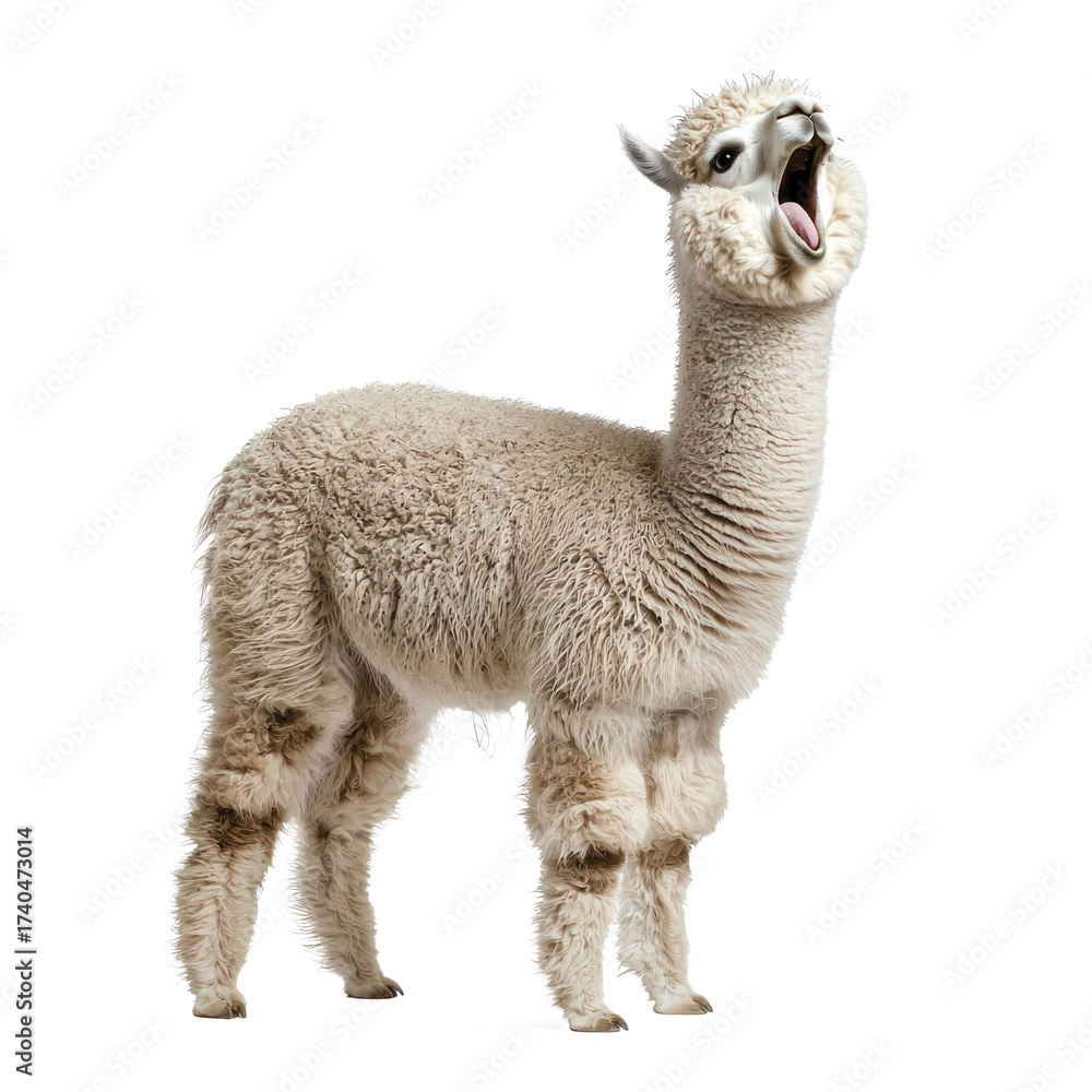 Obraz premium Alpaca spitting An alpaca stands with its head raised, mouth open, mid-spit. full length isolate on transparent background