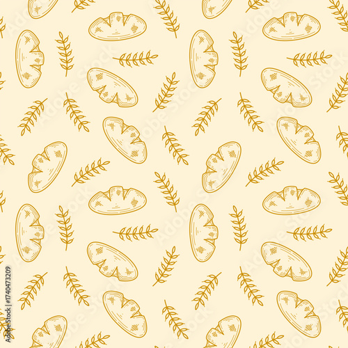 baguette pattern background. doodle bread pattern background. Bakery theme pattern background. Bake shop themes pattern doodle for packaging. 