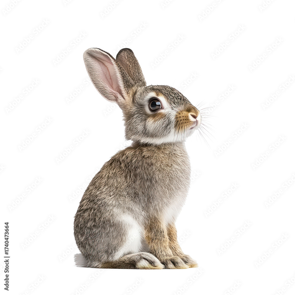 Fototapeta premium Rabbit sitting A rabbit sits upright with ears perked and front paws tucked close. full length isolate on transparent background