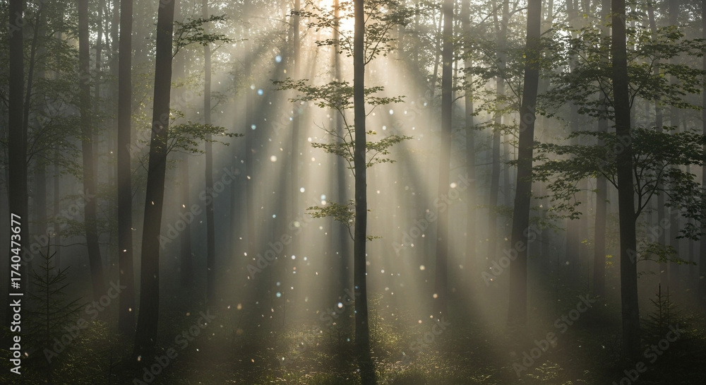 Naklejka premium Sun rays shining through the trees in a forest, creating a beautiful and ethereal atmosphere with light and shadow play in the woods