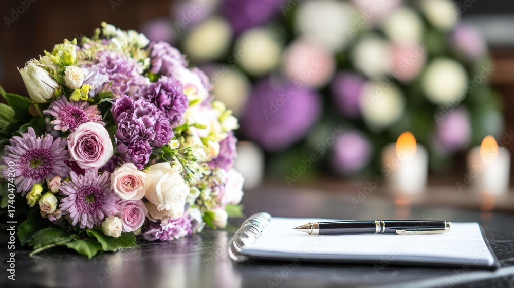 Obraz premium A bouquet of purple and white flowers with a pen and notebook on a table.