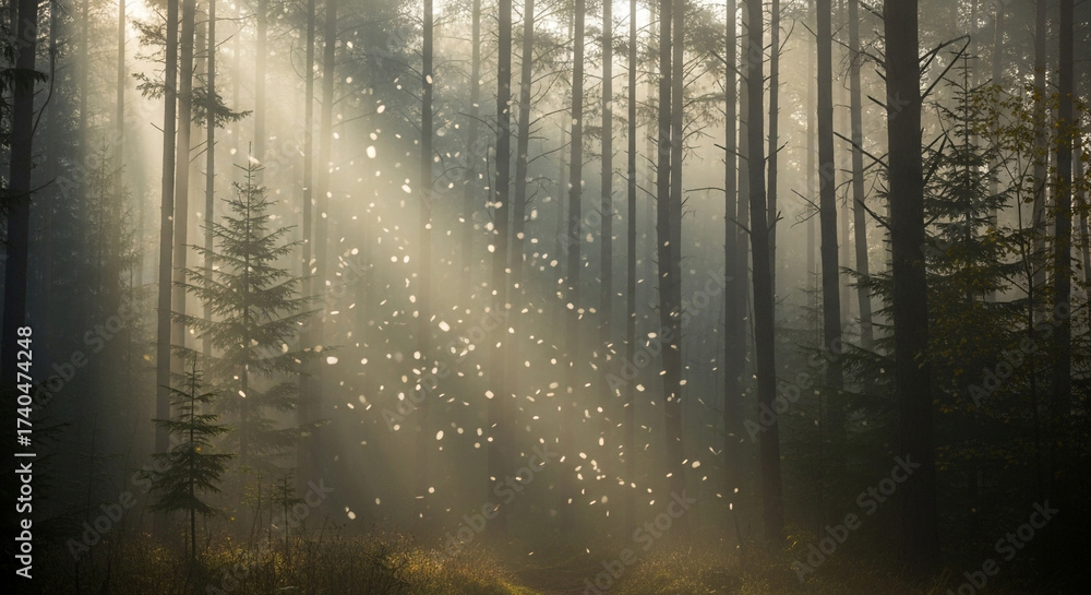 Fototapeta premium Sunlight filters through a misty forest, creating a magical atmosphere with light rays illuminating the trees and the forest floor