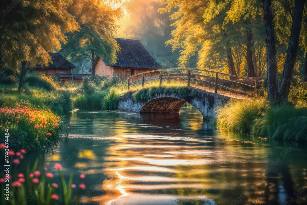 Fototapeta premium footbridge over canal or stream, creek or brook with serene sun dappled water and trees