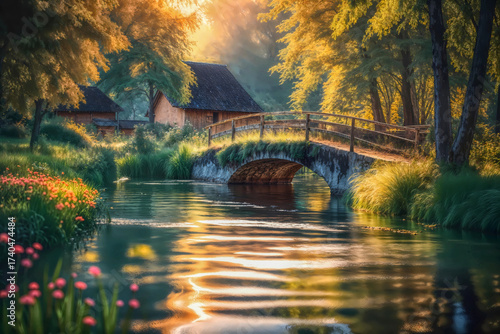 footbridge over canal or stream, creek or brook with serene sun dappled water and trees