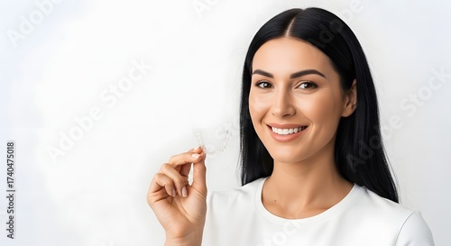 Smiling woman holding transparent aligners isolated on white background, showcasing modern orthodontic treatment for teeth straightening with clear braces