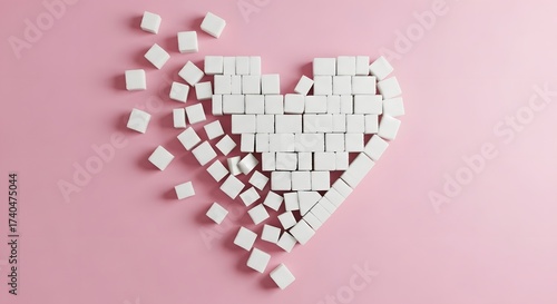 Heart shape made of sugar cubes on a pink background, symbolizing love for sweets, unhealthy eating habits, and the need to reduce sugar consumption