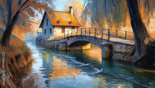 pencil sketch of footbridge over canal or stream, creek or brook with serene sun dappled water and trees in Autumn