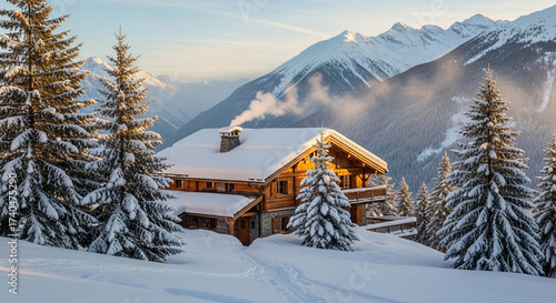A charming wooden chalet nestled among snowladen trees, with majestic mountains rising in the background, creating a tranquil winter landscape scene