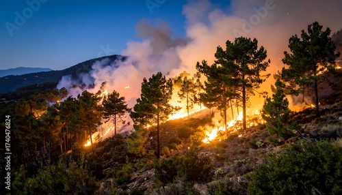 Forest fire raging on a hillside at dusk